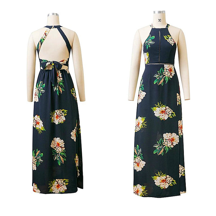 Sexy Backless Printed Vintage Long Skirt Dress