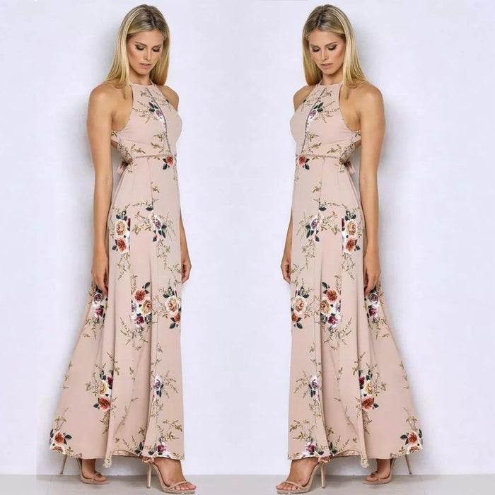 Sexy Backless Printed Vintage Long Skirt Dress
