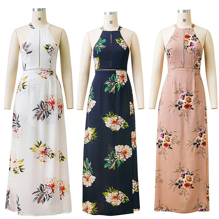 Sexy Backless Printed Vintage Long Skirt Dress