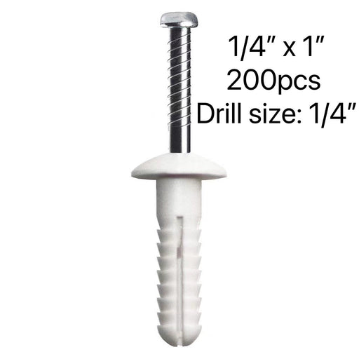 NYLON PIN BOLT 1/4" X 1" - 200PCS/JUG, DRILL SIZE 1/4"