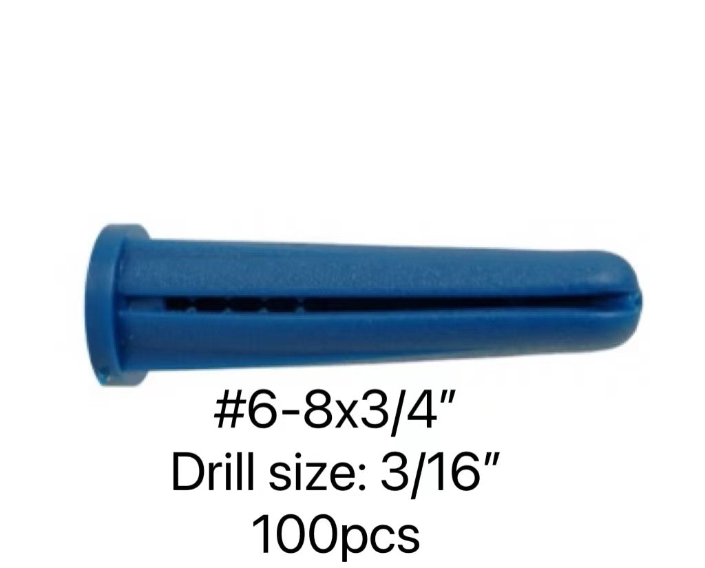BLUE PLASTIC PLUG #6-8 X 3/4" - 100PCS DRILL SIZE 3/16"