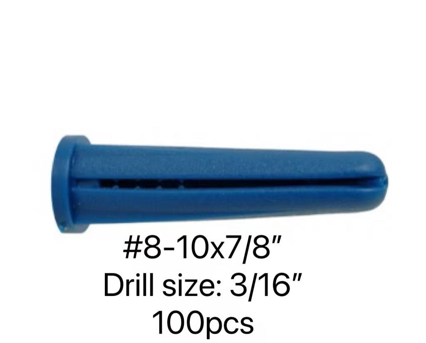 BLUE PLASTIC PLUG #8-10 X 7/8" - 100PCS DRILL SIZE 3/16"