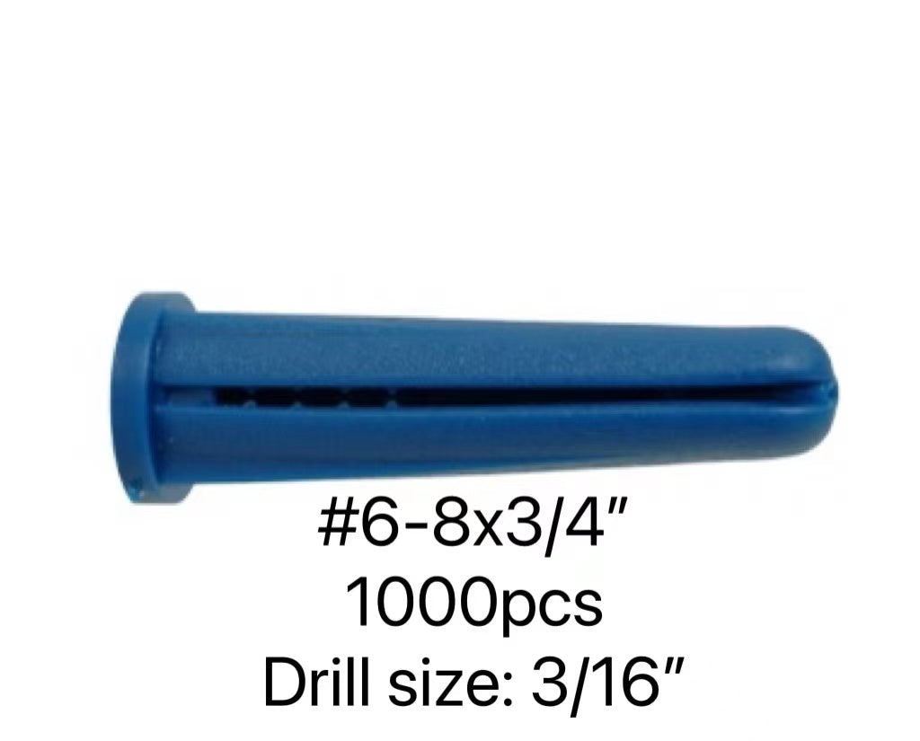 BLUE PLASTIC PLUG #6-8 X 3/4" - 1000PCS/JUG, DRILL SIZE 3/16"
