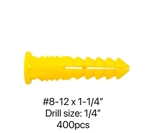 YELLOW PLASTC PUGS WITH SCREWS #8-12 X 1-1/4" - 200PCS/JUG DRILL SIZE 1/4"