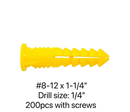 YELLOW PLASTC PUGS #8-12 X 1-1/4" - 400PCS/JUG DRILL SIZE 1/4"