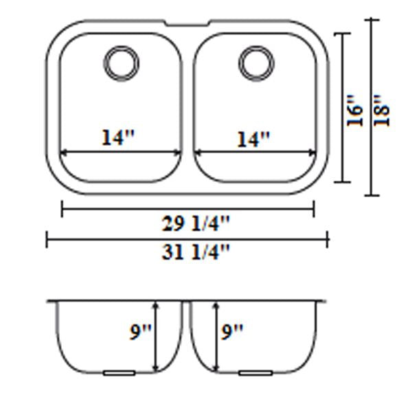 STAINLESS STEEL UNDERMOUNT SINK 31-1/4"x18"x9"