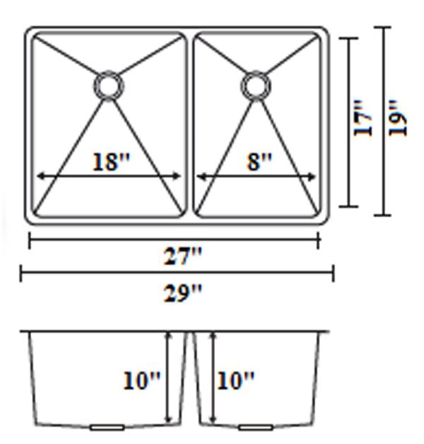 HANDMADE UNDERMOUNT BIG-LEFT SMALL-RIGHT SINK RADIUS - 29"x19"x1