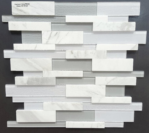 3D Carrera White + Grey Glass Blend Kitchen Backsplash Tiles