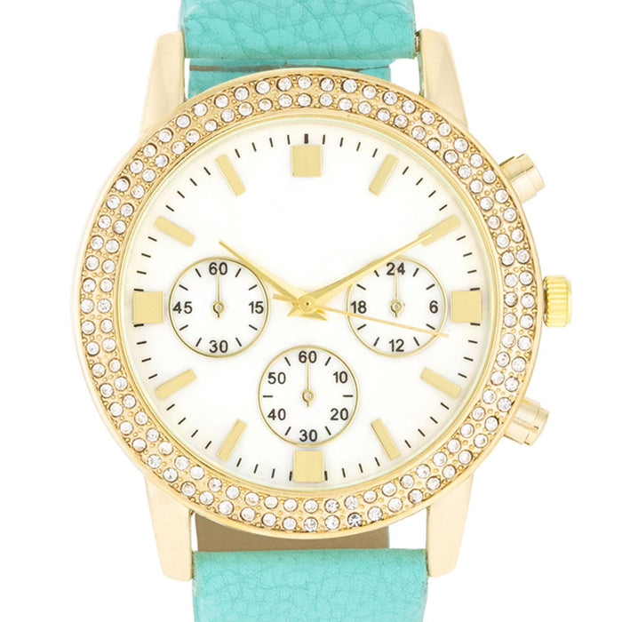 J Goodin Gold Shell Pearl Watch With Crystals - Mint Leather Strap