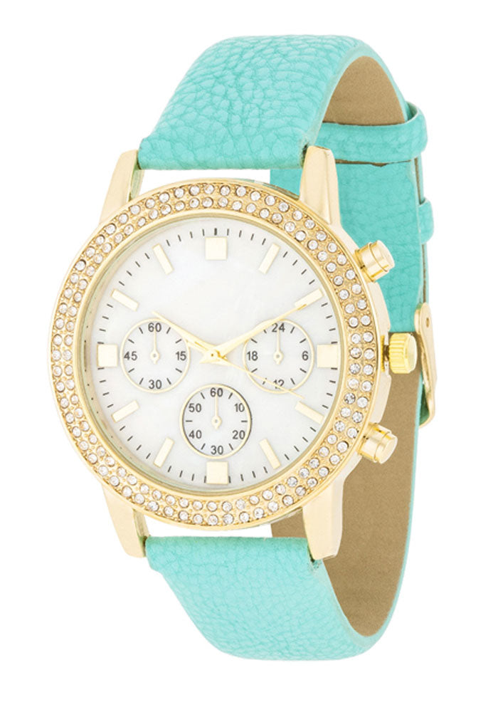 J Goodin Gold Shell Pearl Watch With Crystals - Mint Leather Strap