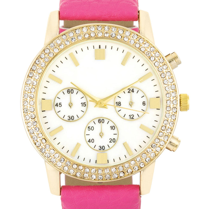 J Goodin Gold Shell Pearl Watch With Crystals - Pink Leather Strap