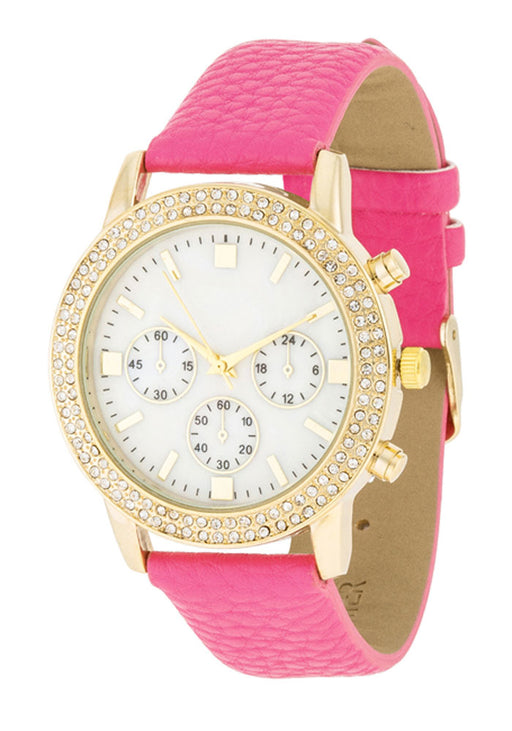 J Goodin Gold Shell Pearl Watch With Crystals - Pink Leather Strap